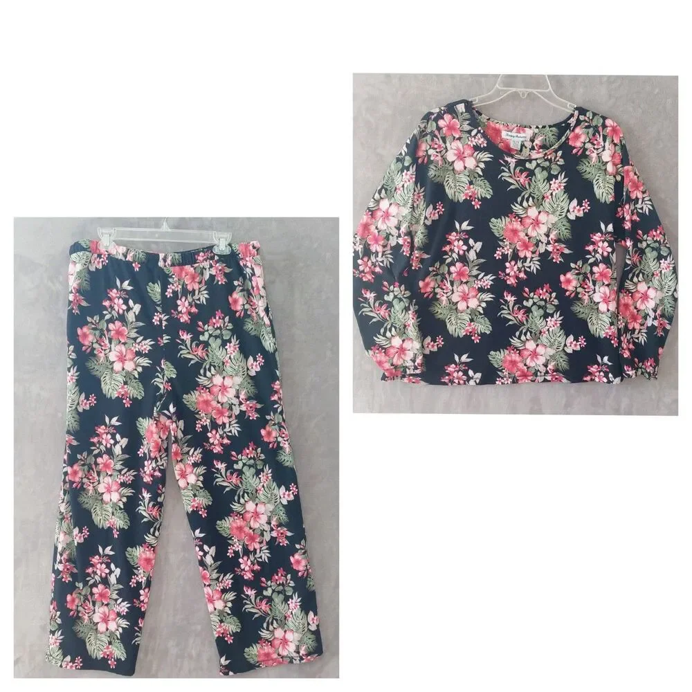 Tommy Bahama Floral Loungwear Pajamas Top & Pants Set Women's XL Cozy Microfiber